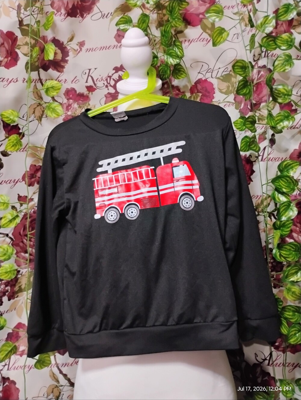 ❤️Kids Black Long-Sleeve Tee with Red Fire Truck Graphic